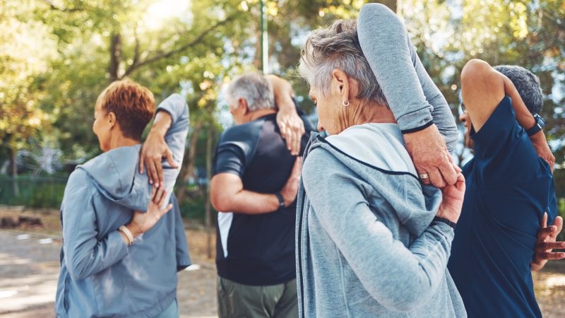 Grup de persones grans fent estiraments a l'aire lliure en un parc