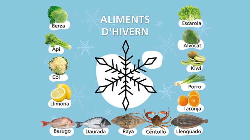 Infografia &ldquo;Aliments d'hivern&rdquo; amb il&middot;lustracions de col, api, col, llimona, escarola, alvocat, kiwi, porro i c&iacute;trics, peixos i mariscos com ara besuc, orada, escrita, cabra de mar i llenguado