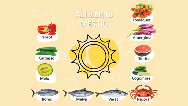 Infografia &ldquo;Aliments d'estiu&rdquo; amb icones de pebrot, carbass&oacute;, mel&oacute;, tom&agrave;quet, alberg&iacute;nia, s&iacute;ndria, cogombre i peixos i mariscos com ara bon&iacute;tol, melva, verat i n&egrave;cora.