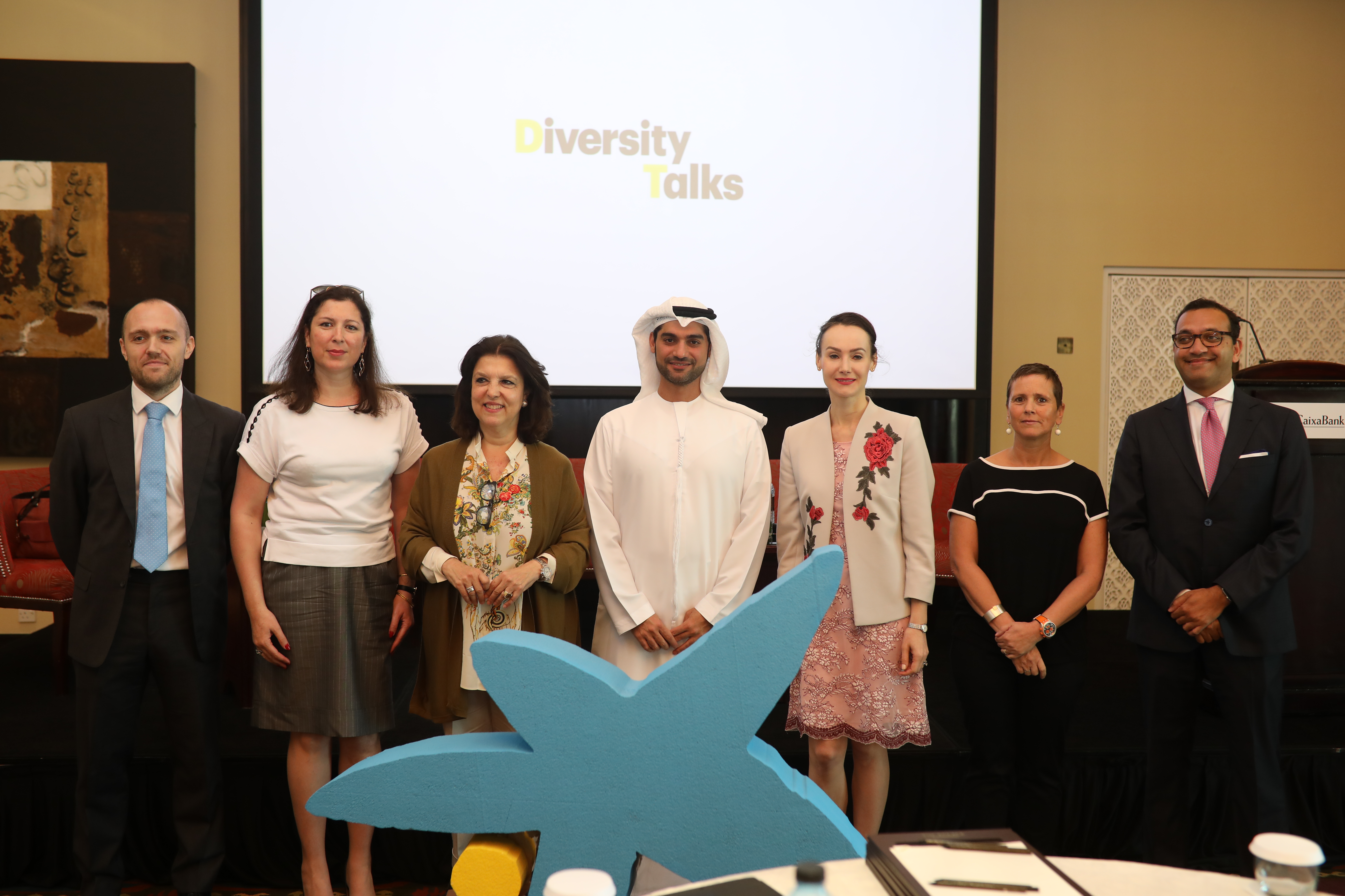 From left to right: John Lee, Regional Head of Talent, Diversity & Inclusion, HSBC; Maya Khelladi, manager of CaixaBank’s United Arab Emirates representation office; Maria Victoria Matia, executive manager of international banking, CaixaBank; Abdulaziz Almoosa, Head of Recruitment at Abu Dhabi Commercial Bank; Izabella Szadkowska, Al Tamimi & Company; Kathryn Wightman-Heaven, Director, Global Sustainability at DP World, and Pradeep Bhargava, manager of CaixaBank's India representation office