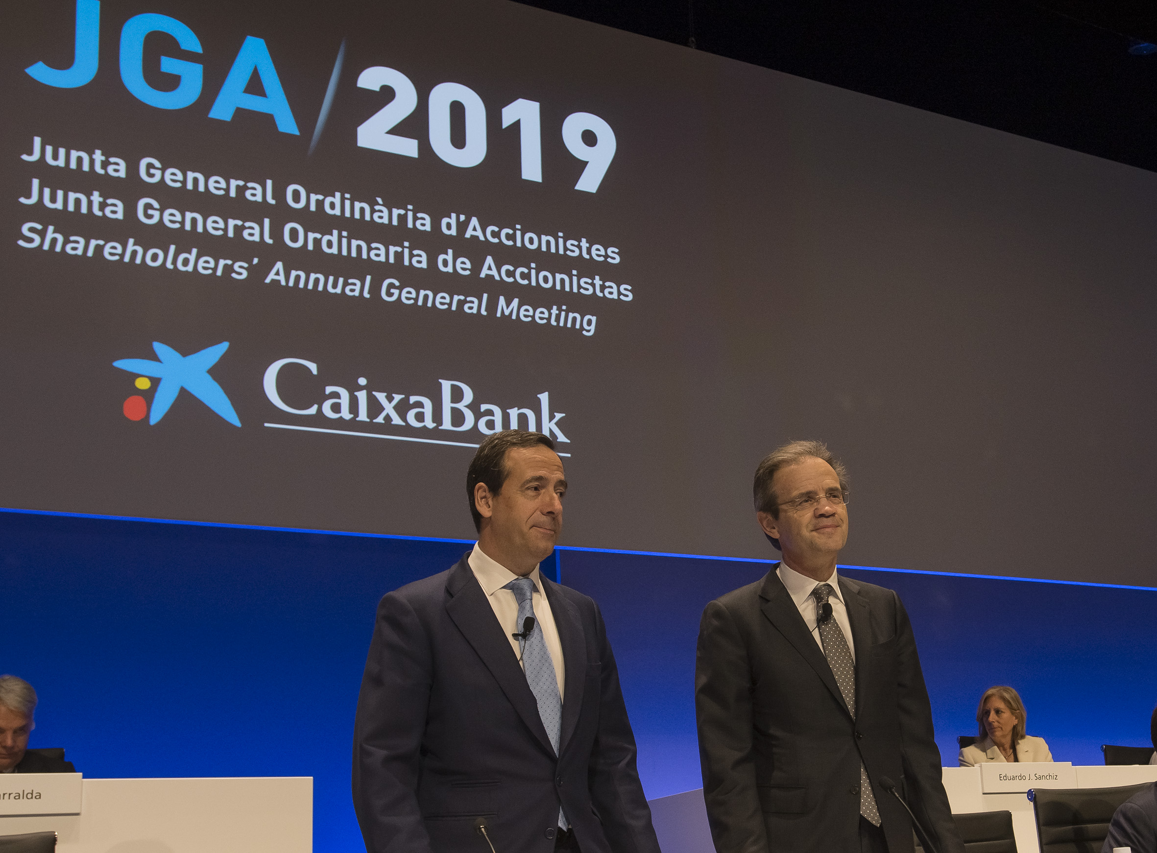 Gonzalo Gortázar, CaixaBank's CEO, and Jordi Gual, CaixaBank's president, at the Annual General Meeting 2019