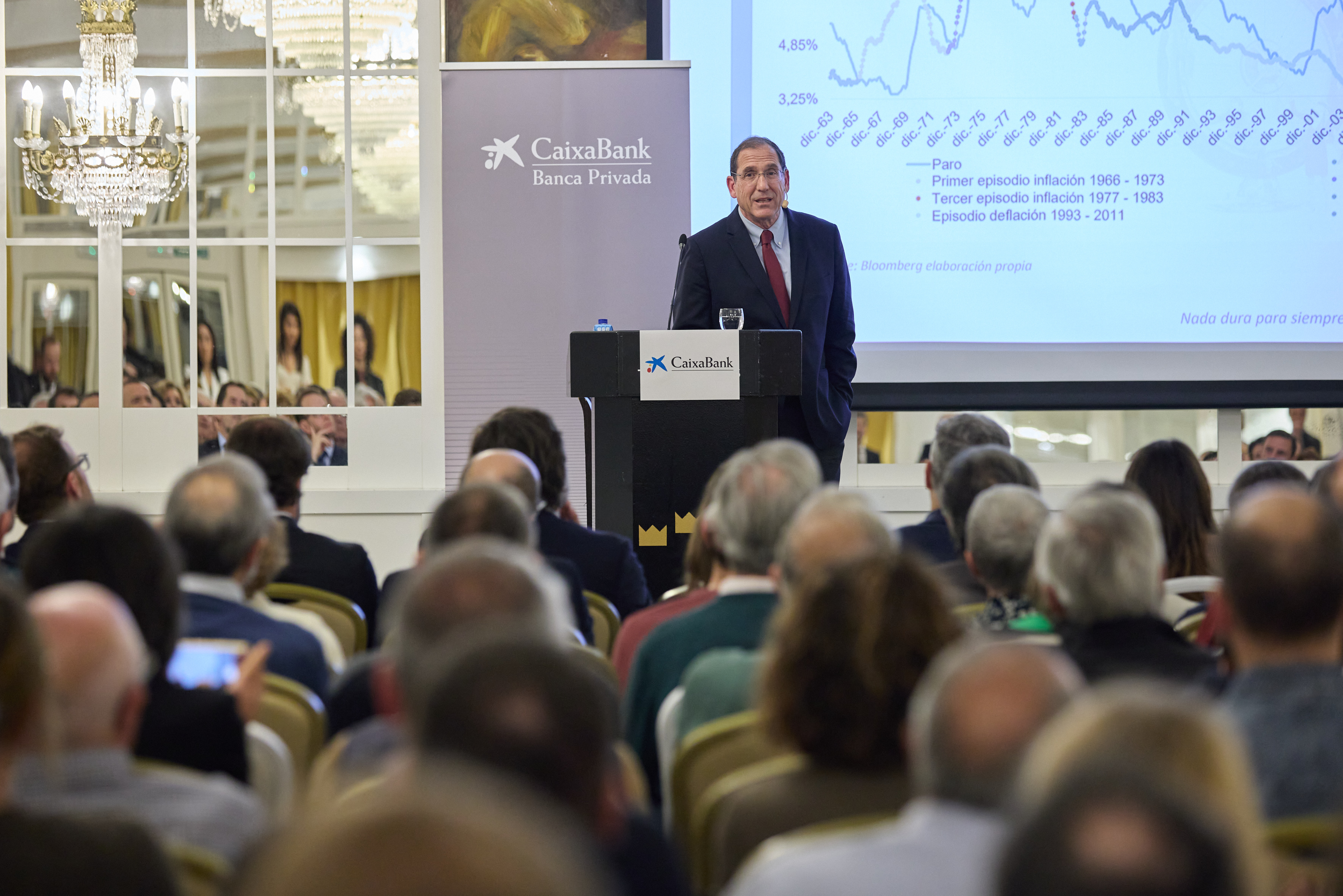Santiago Rubio se dirige a los asistentes en un momento de la ponencia sobre las perspectivas económicas y financieras para 2024