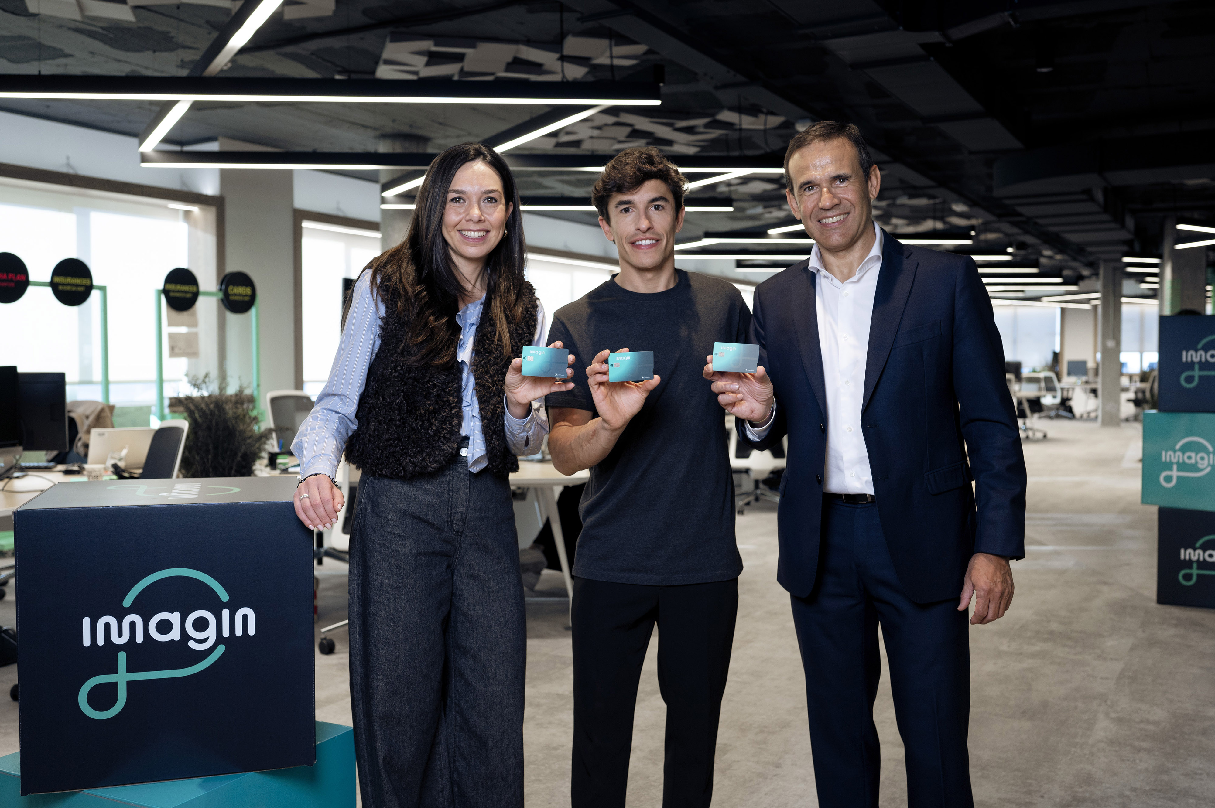 Anna Canela, CEO of imagin; MotoGP rider Marc Márquez; and Jaume Masana, Head of Retail, Private and Business Banking.