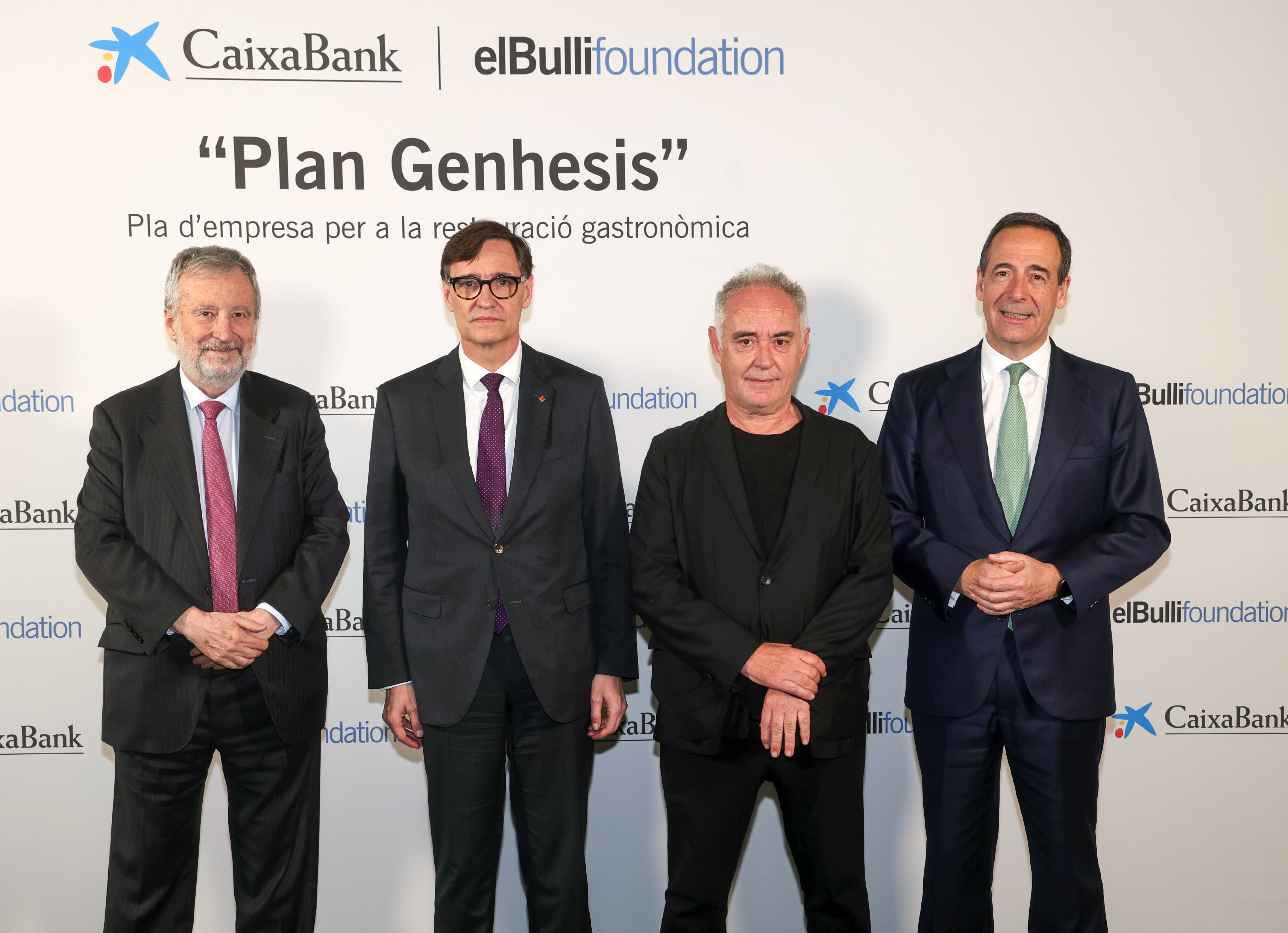 D'esquerra a dreta, Tomás Muniesa, president de CaixaBank; Salvador Illa, president de la Generalitat de Catalunya; Ferran Adrià, president d’elBullifoundation, i Gonzalo Gortázar, CEO de CaixaBank