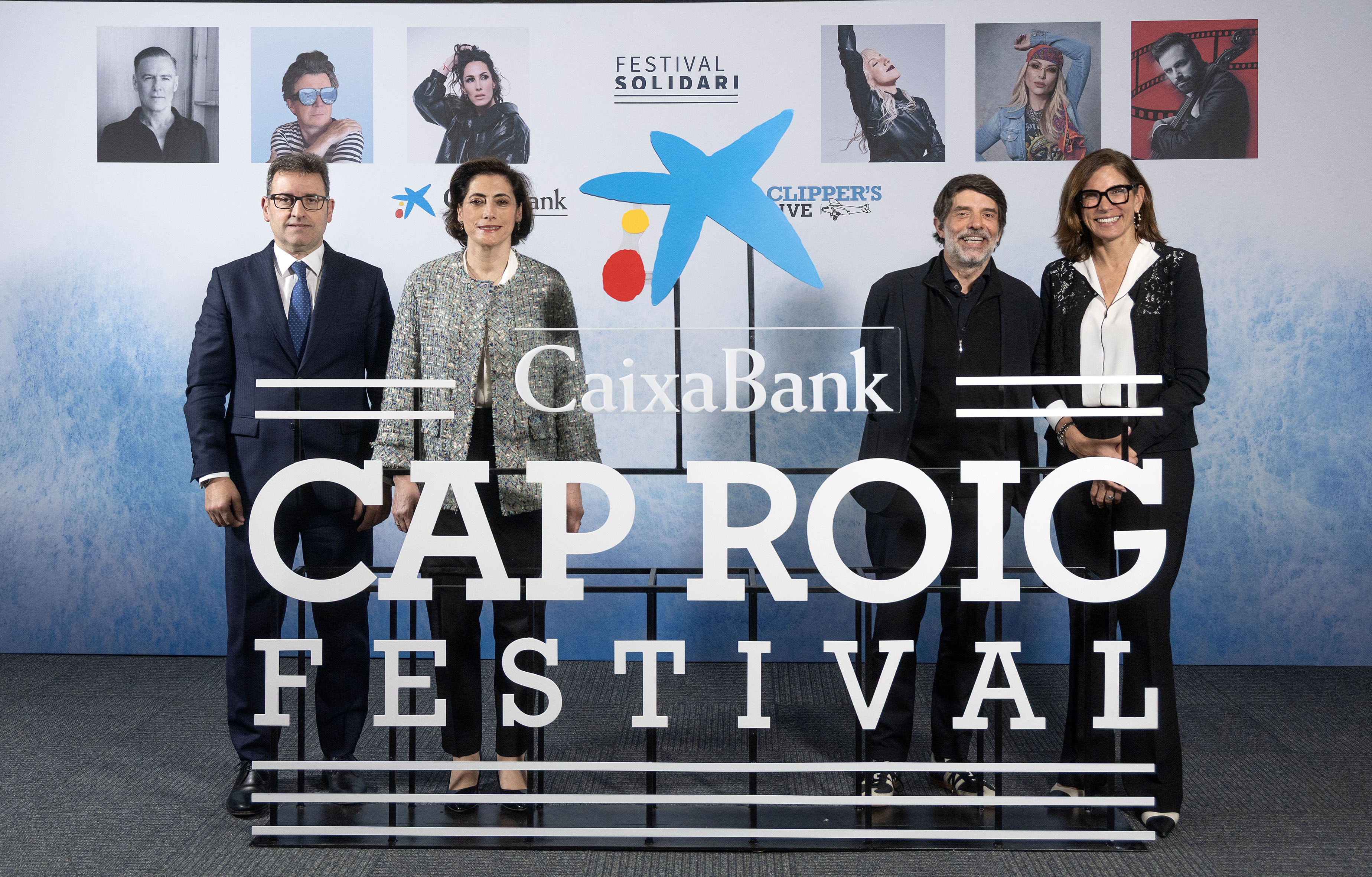 Josep Maria Gonzàlez, director territorial de CaixaBank a Catalunya; Maria Lluïsa Martínez Gistau, directora de Comunicació i Relacions Institucionals de CaixaBank; Juli Guiu, president del Grup Clipper's i director del Cap Roig Festival; Maria Alsina, directora territorial de CaixaBank a Barcelona.
