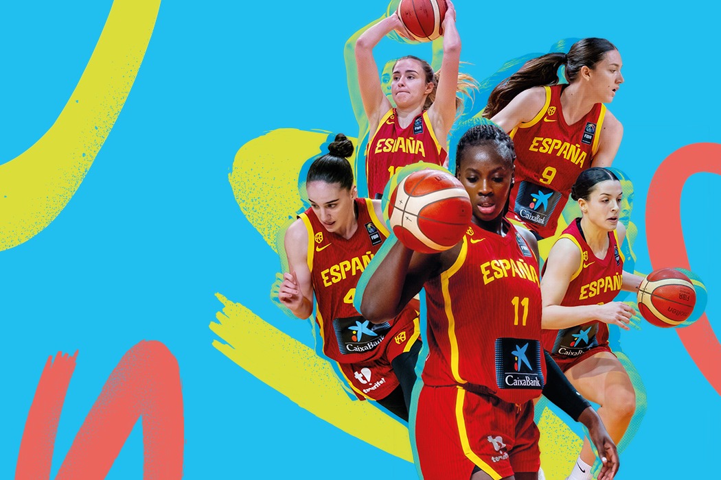 Collage con las imágenes de cinco jugadoras de la selección femenina de baloncesto sobre fondo azul