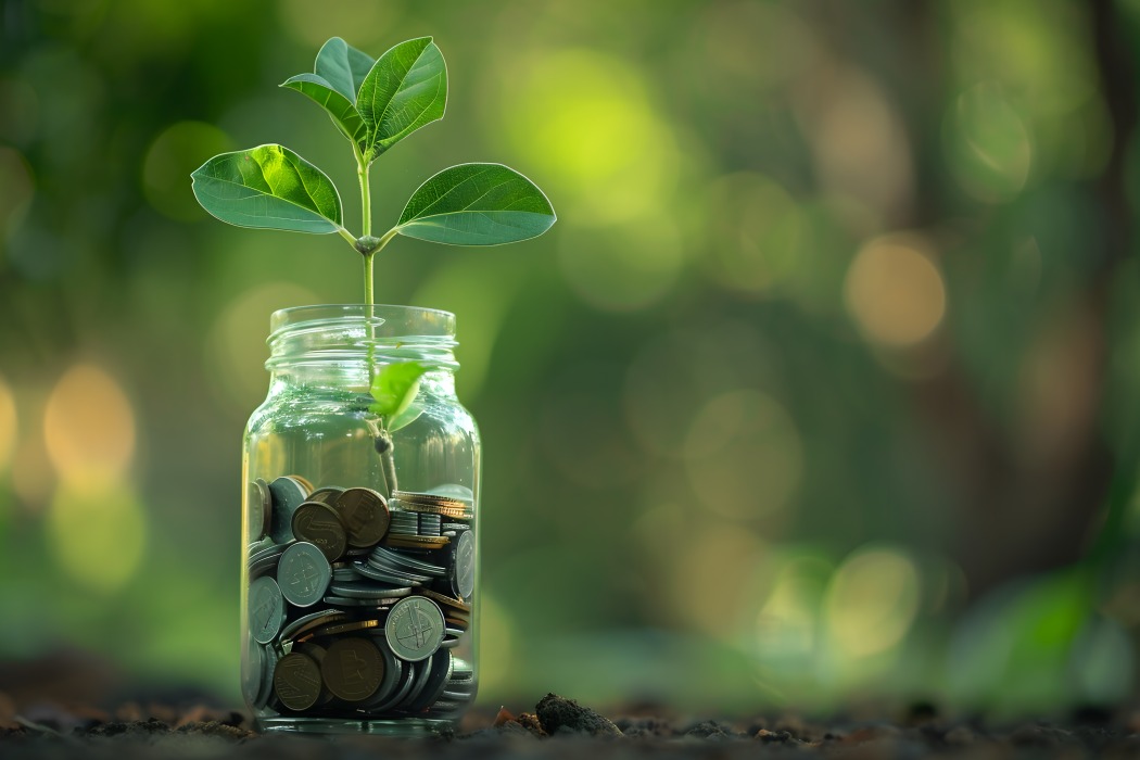 Imagen de un tarro de cristal relleno de monedas del que nace una planta