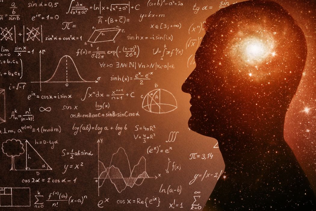 Imatge d’equacions matemàtiques amb la silueta d’un home il·luminada en tons daurats amb llum brillant a la zona del cervell.