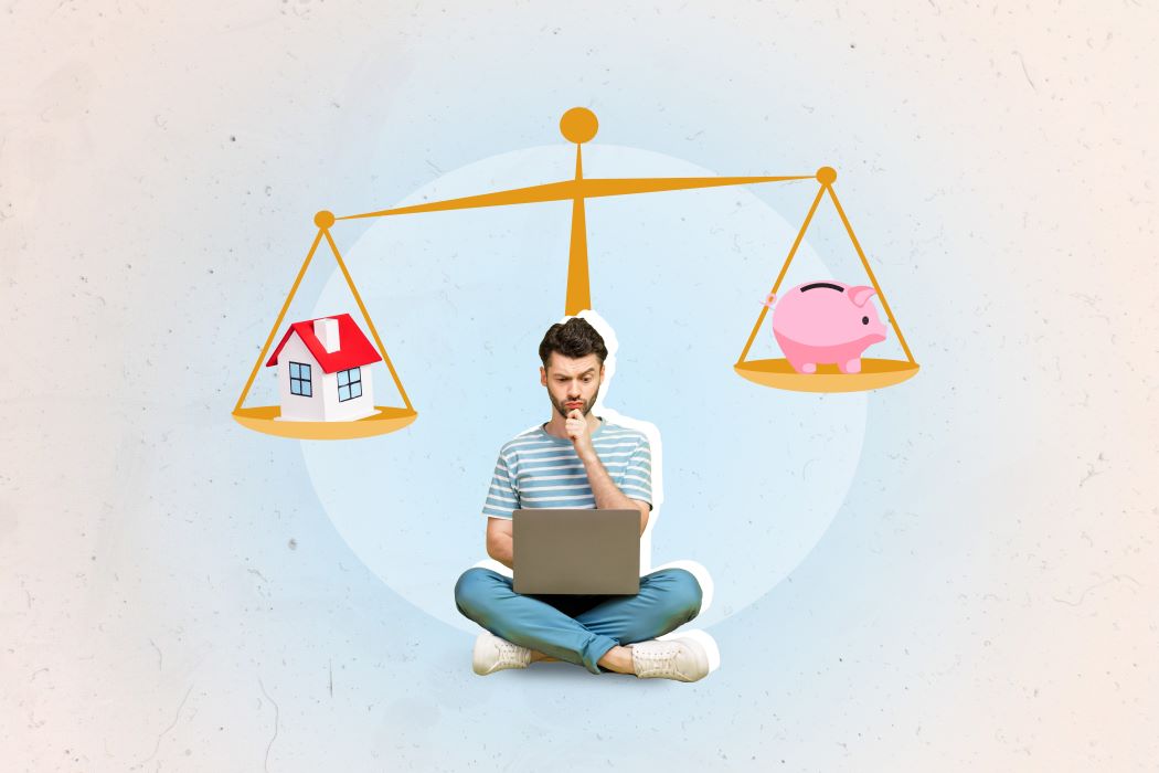 Collage con un joven pensativo sentado y, sobre él, una balanza con una casa y una hucha a cada lado