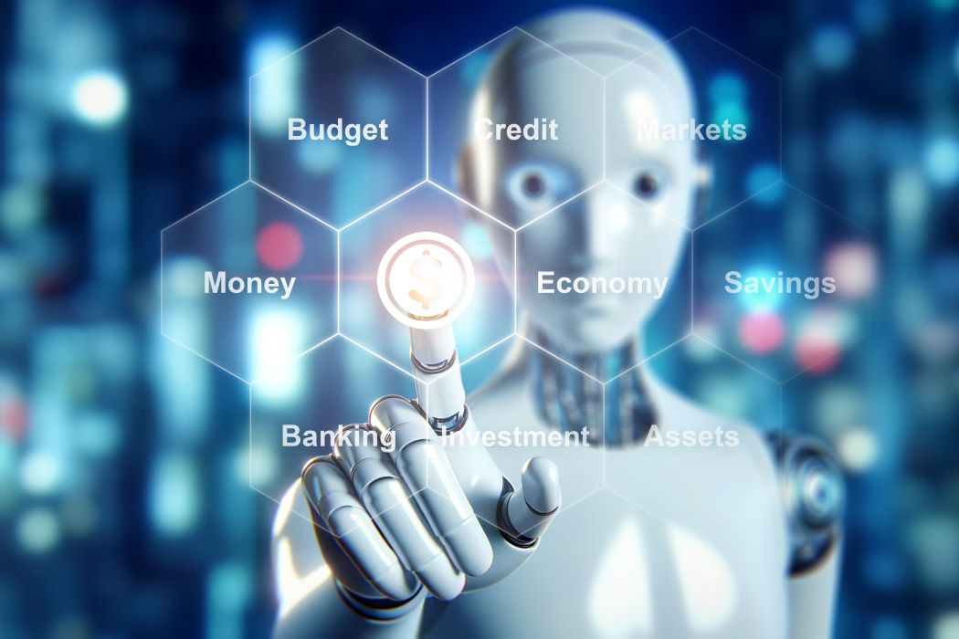 Robot assenyalant icones relacionades amb finances com pressupost, diners, estalvi, banca i inversió en un entorn digital futurista
