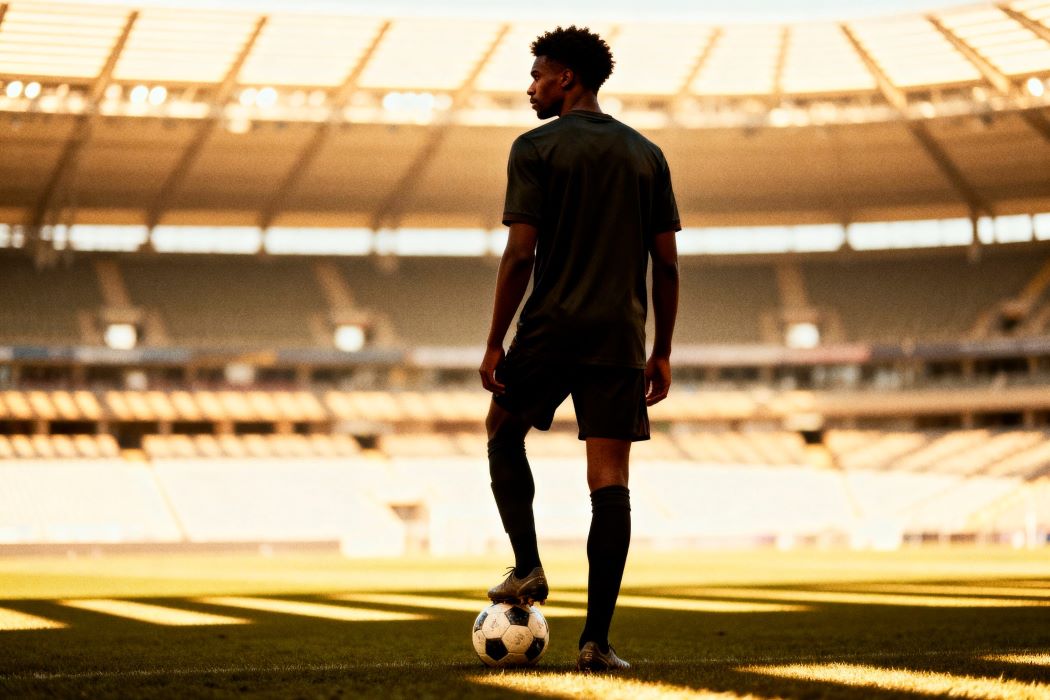 Fotografía de un futbolista de espaldas con camiseta roja dentro de un campo de fútbol mirando hacia una puesta de sol