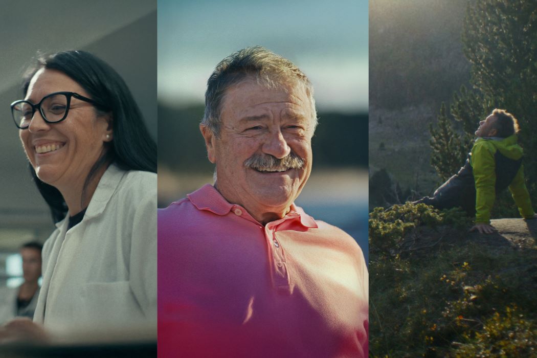 Composición con tres escenas: una persona en un entorno de trabajo, otra persona sénior en primer plano al aire libre y una tercera sentada en la naturaleza