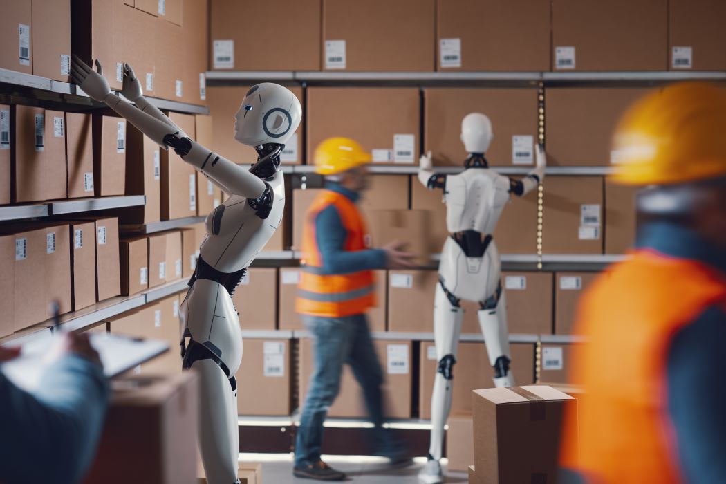 Robots i treballadors organitzen capses en un magatzem amb prestatgeries plenes de paquets apilats.