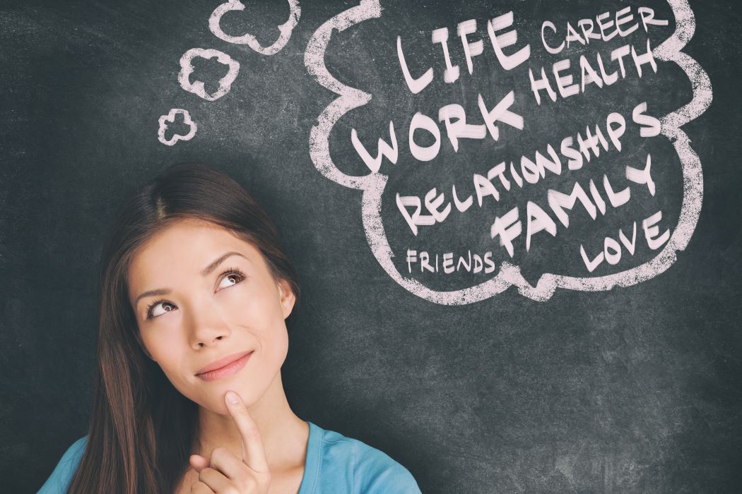 Persona delante de una pizarra con palabras relacionadas con la vida, el trabajo y la salud