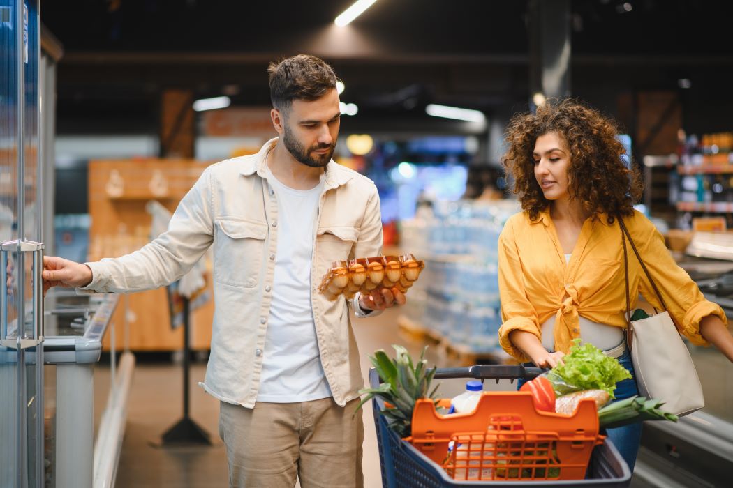 Parella comprant al supermercat, un agafa ous i l’altra empeny un carretó.