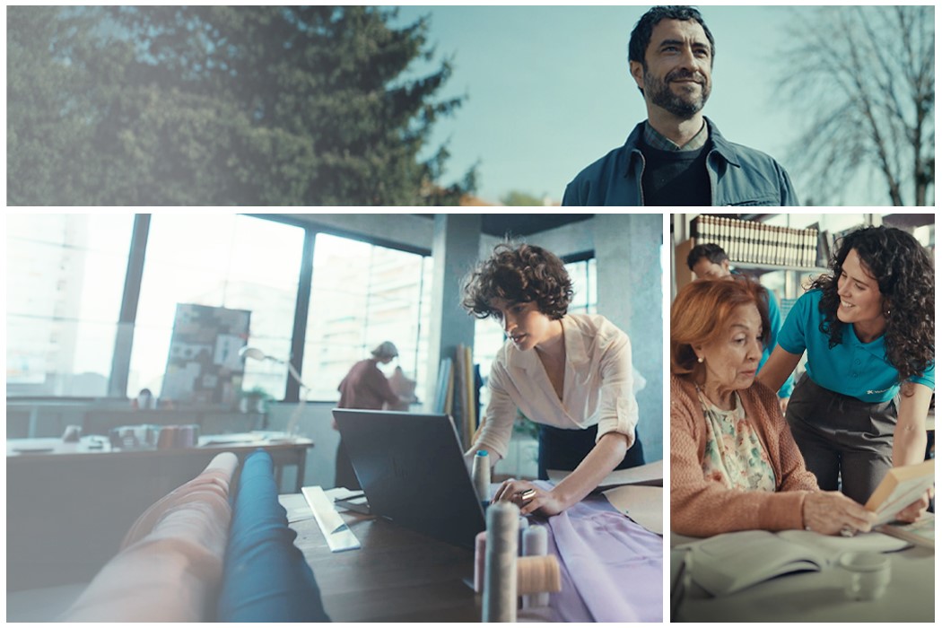 Personas en distintos entornos cotidianos, como un espacio de trabajo, un centro asistencial y una oficina, realizando tareas diarias