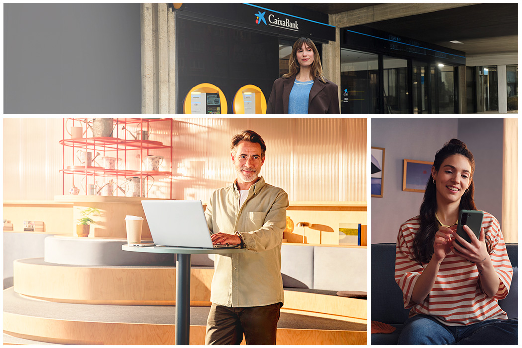 Collage d’imatges amb diferents clients de CaixaBank en diversos escenaris quotidians