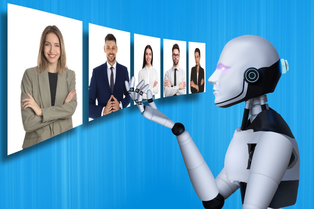 Sistema de inteligencia artificial analizando perfiles profesionales mostrados en pantallas digitales durante un proceso de selección con ATS