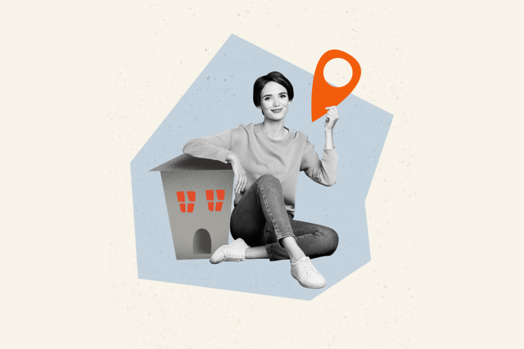 Ilustración de una persona sentada junto a una vivienda, con un icono de ubicación, sobre un fondo geométrico claro