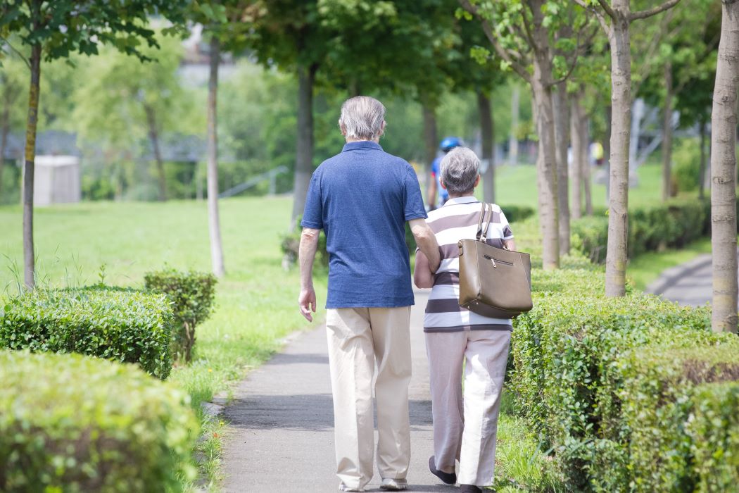 Un hombre y una mujer caminando por un sendero ajardinado, vistas de espaldas, entre árboles y zonas verdes en un parque