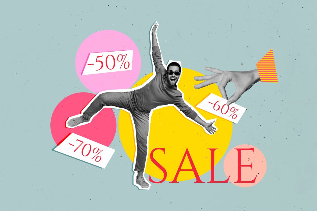 Collage de rebajas con figura saltando, etiquetas de -50%, -60% y -70% y la palabra “SALE” sobre fondo con círculos de colores