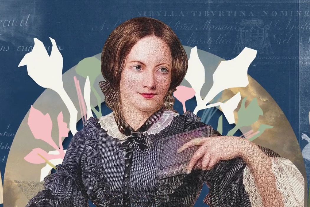 Il·lustració tipus collage d’una persona amb vestit antic sostenint una targeta, amb fons de formes florals i manuscrits en tons blaus i verds
