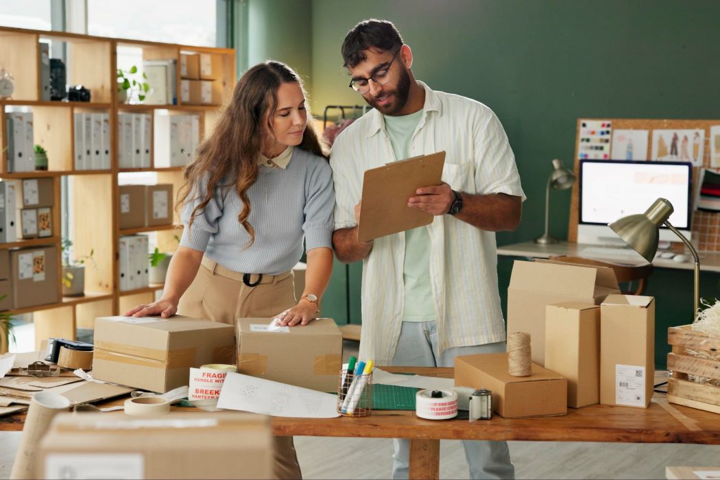 Dos personas preparan pedidos en una mesa con cajas de cartón, cinta, etiquetas y rotuladores; al fondo estanterías con archivadores y plantas en un taller de envíos.