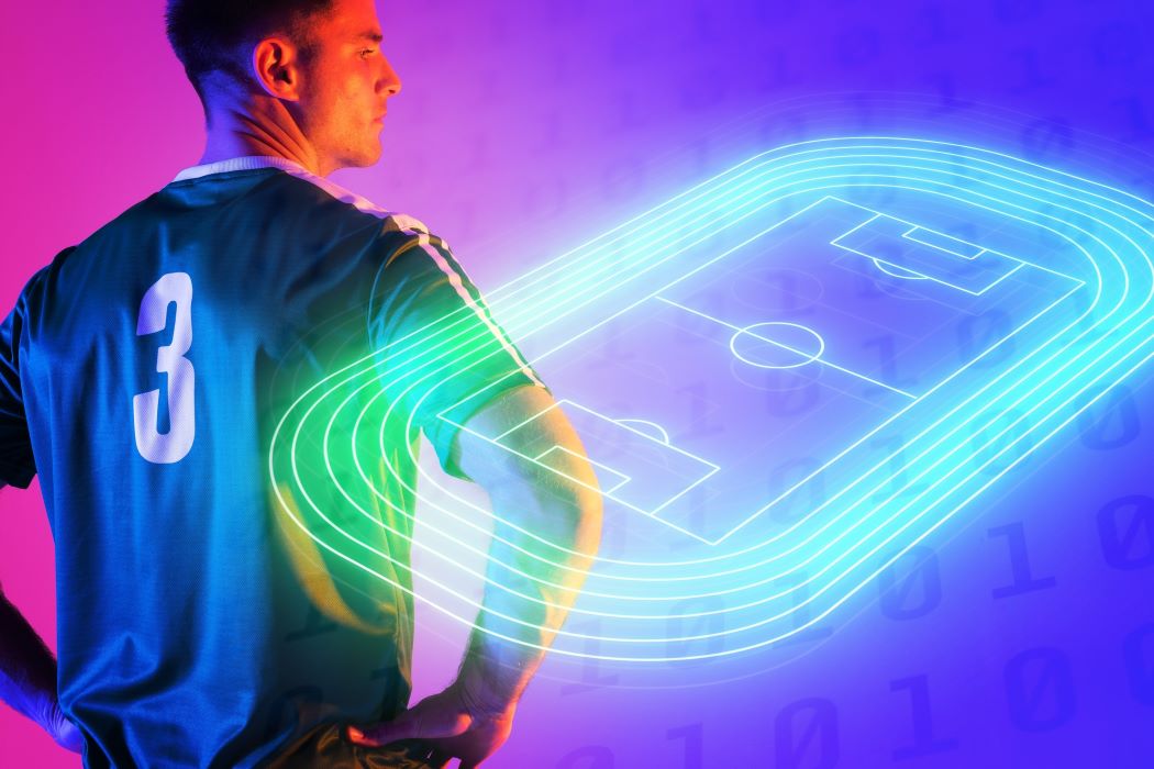 Esportista que duu una samarreta amb el número 3 observa una pista esportiva digital il·luminada en tons neó sobre fons degradat rosa i blau, amb línies que simulen un camp futurista