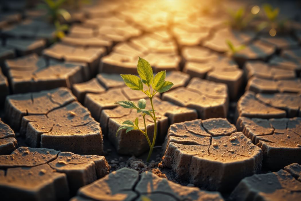 Brote verde creciendo entre tierra seca y agrietada, símbolo de estrés hídrico, sequía y resiliencia de la naturaleza