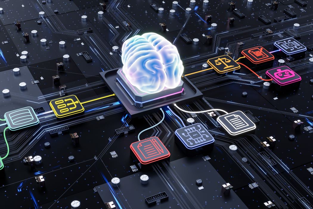 Il·lustració de cervell digital sobre xip en placa electrònica, connectat a icones de dades i intel·ligència artificial en un entorn tecnològic futurista