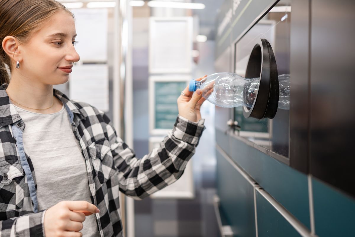 Persona introduint una ampolla de plàstic buida en una màquina de reciclatge i devolució d'envasos.
