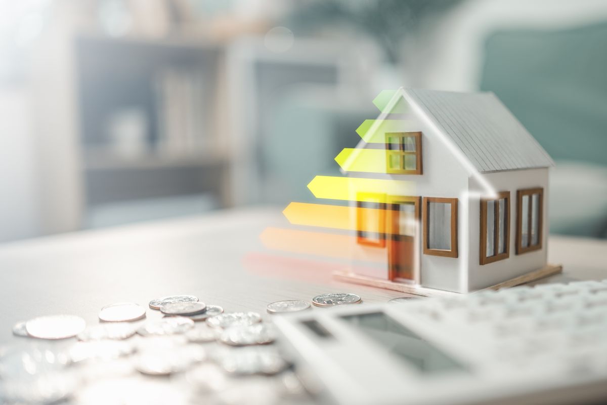 Classificació d’eficiència energètica mostrada sobre la maqueta d’una casa que es troba damunt d’una taula al costat d’una calculadora i diverses monedes, que representa la llar sostenible.