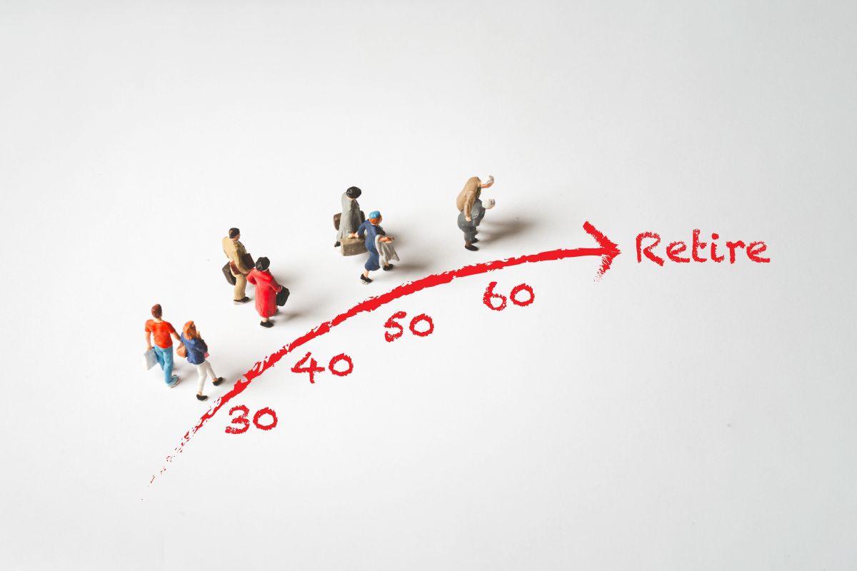 Miniaturas de personas avanzan por una flecha ascendente con las edades 30, 40, 50 y 60 hasta la palabra «Retire», representando la planificación de la jubilación