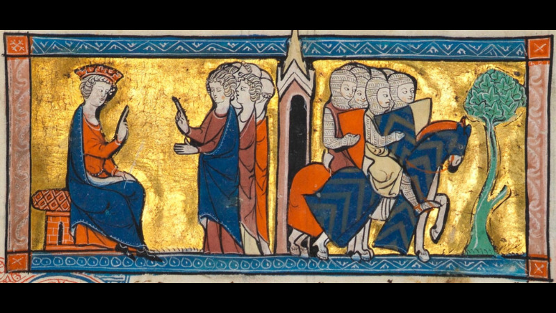 Imagen de un manuscrito franc&eacute;s que ilustra al rey Balduino II a la izquierda presidiendo un consejo, los caballeros templarios partiendo de viaje a la derecha  