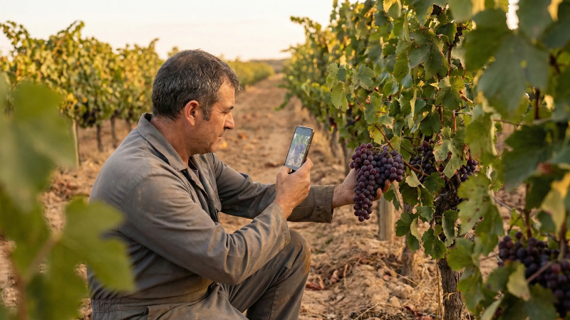Agro4Data Imagen de un agricultor tomando imágenes de su cultivo con el móvil.