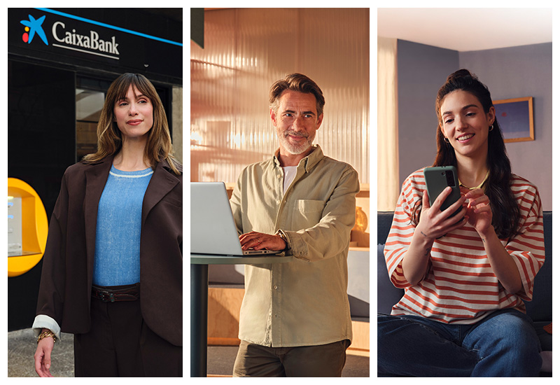Collage de personas usando servicios financieros digitales: una persona frente a una oficina de CaixaBank, otra trabajando con un port&aacute;til y otra consultando el m&oacute;vil en casa