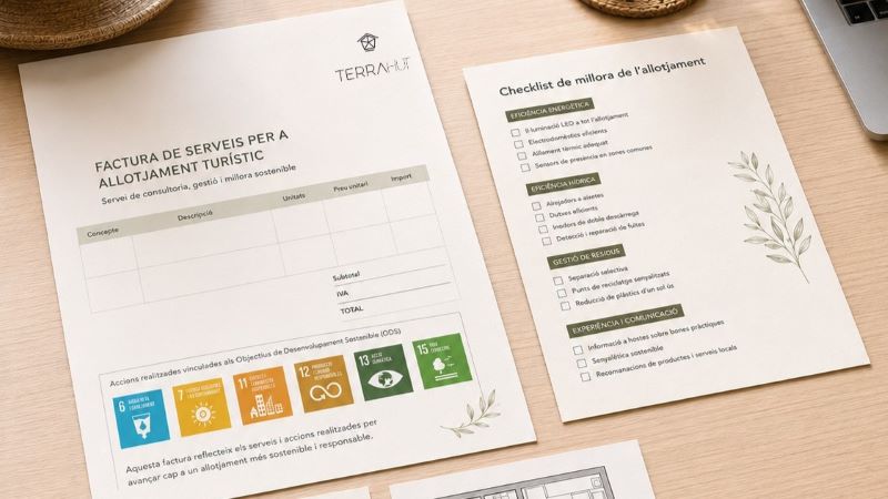 Documentos de TERRAHUT para las mejoras de los alojamientos turísticos Documentación de gestión de alojamiento turístico sobre una mesa, con factura de servicios, checklist de mejora, diagnóstico inicial y plano de distribución.