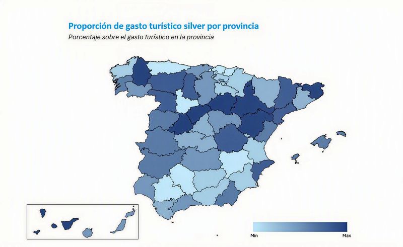 El peso del turismo sénior por provincias Mapa de España con el peso del turismo sénior por provincias. Soria, Zaragoza, Teruel y Tenerife destacan con porcentajes cercanos o superiores al 20 %.